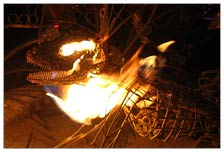 Incredible flaming metal art everywhere. This is just one of six little welded dinosaur statues.